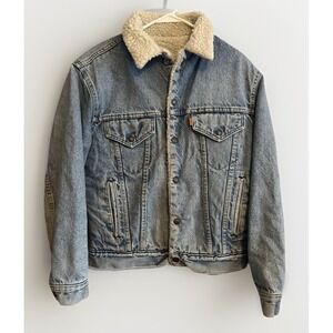 VINTAGE Levis Sherpa Trucker Jacket Mens 38 Denim Button Front‎ Orange Tab 80s